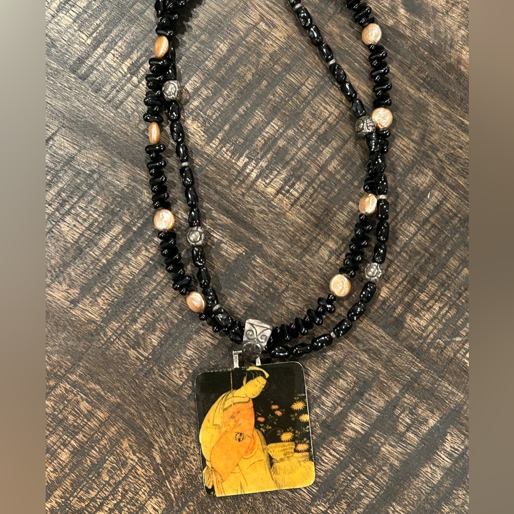 Chicos Enamel Geisha Girl Pendant Asian Black Glass Coin Pearl Strand Necklace